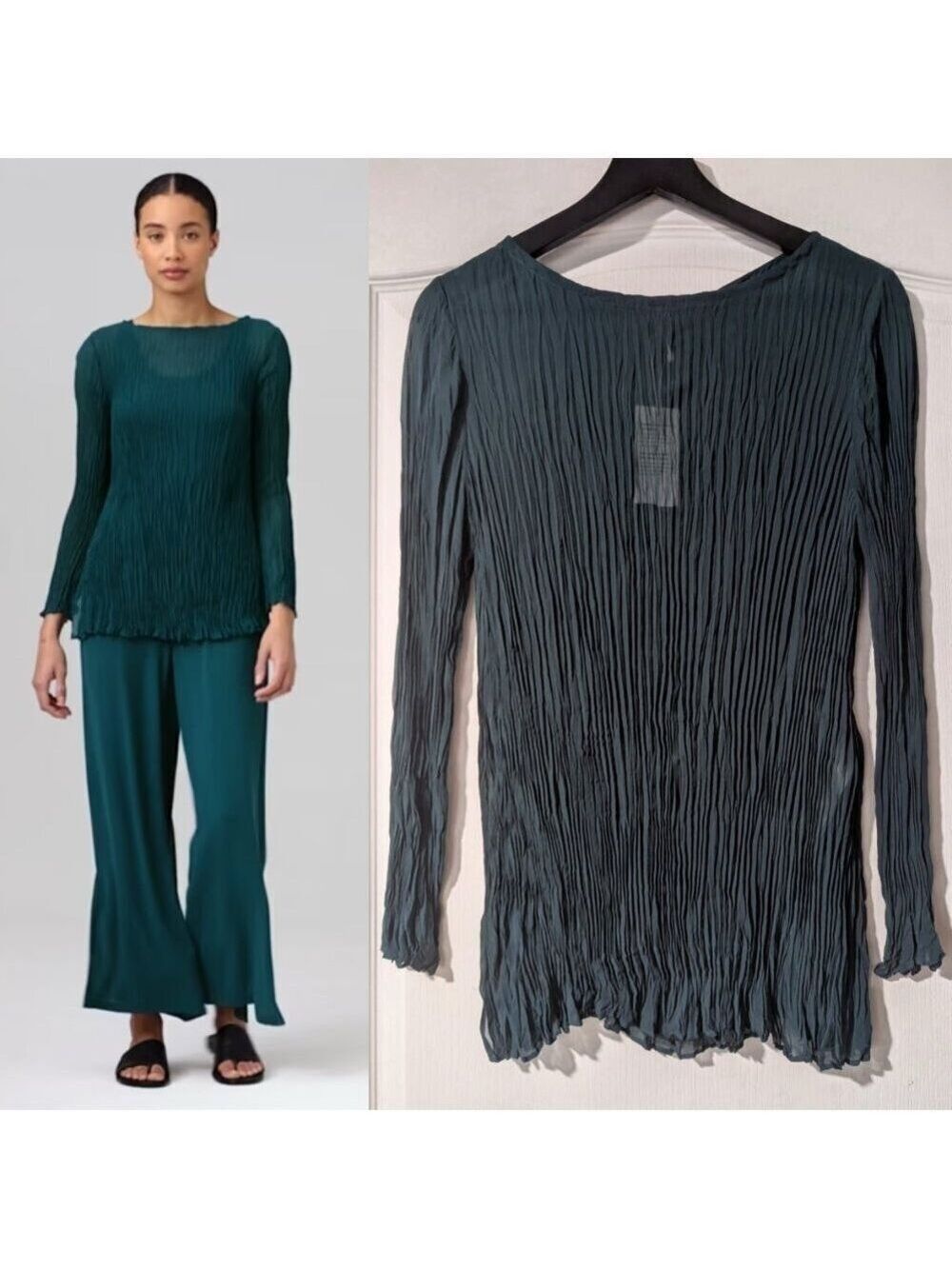 Eileen Fisher | Crinkled Sheer Silk Georgette Bateau Neck Long Top Aegean Green